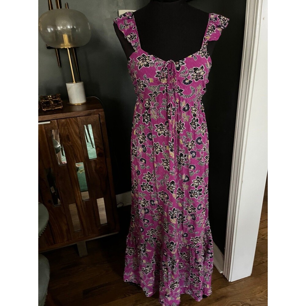 Ann Taylor Loft Summer Sun Dress Maxi Festival Fuschia Cotton Print Floral 4 P